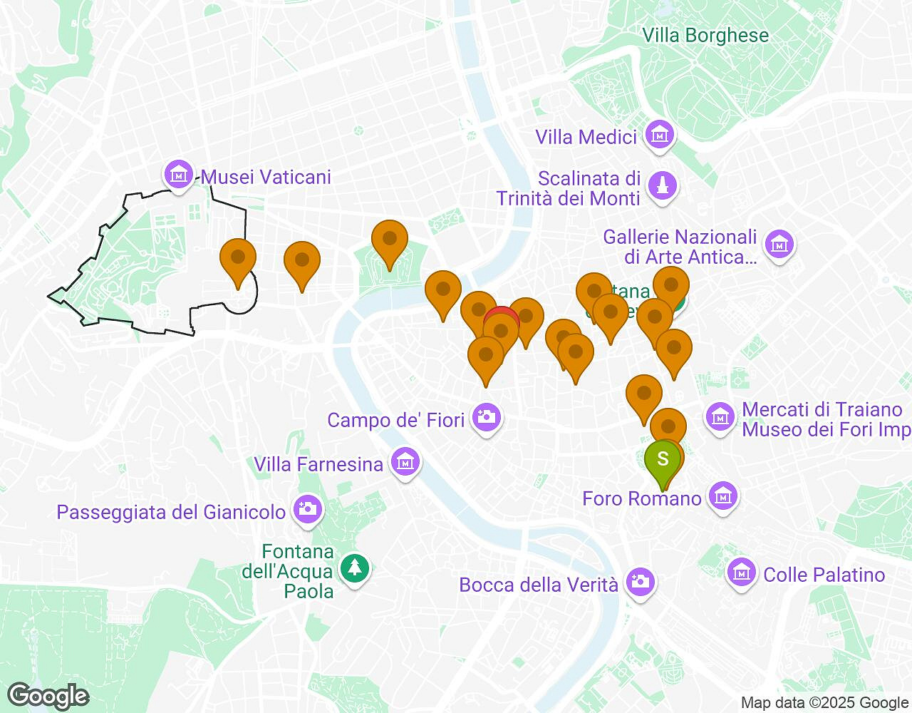 Interactieve kaart voor De Geheimen van Rome met startpunt, eindpunt en bezienswaardigheden