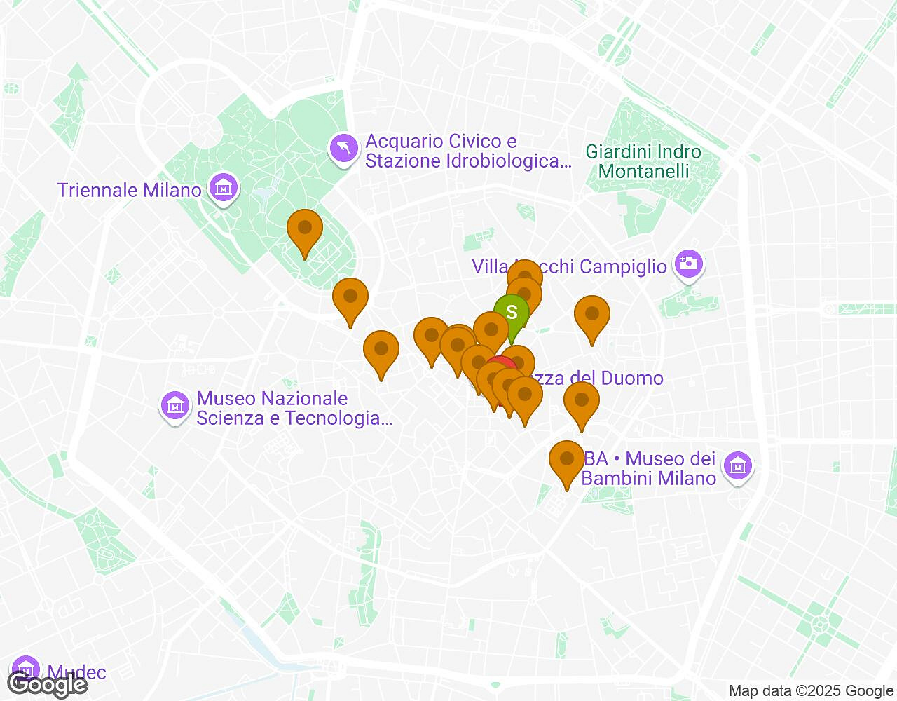 Interactieve kaart voor De Geheimen van Milaan met startpunt, eindpunt en bezienswaardigheden