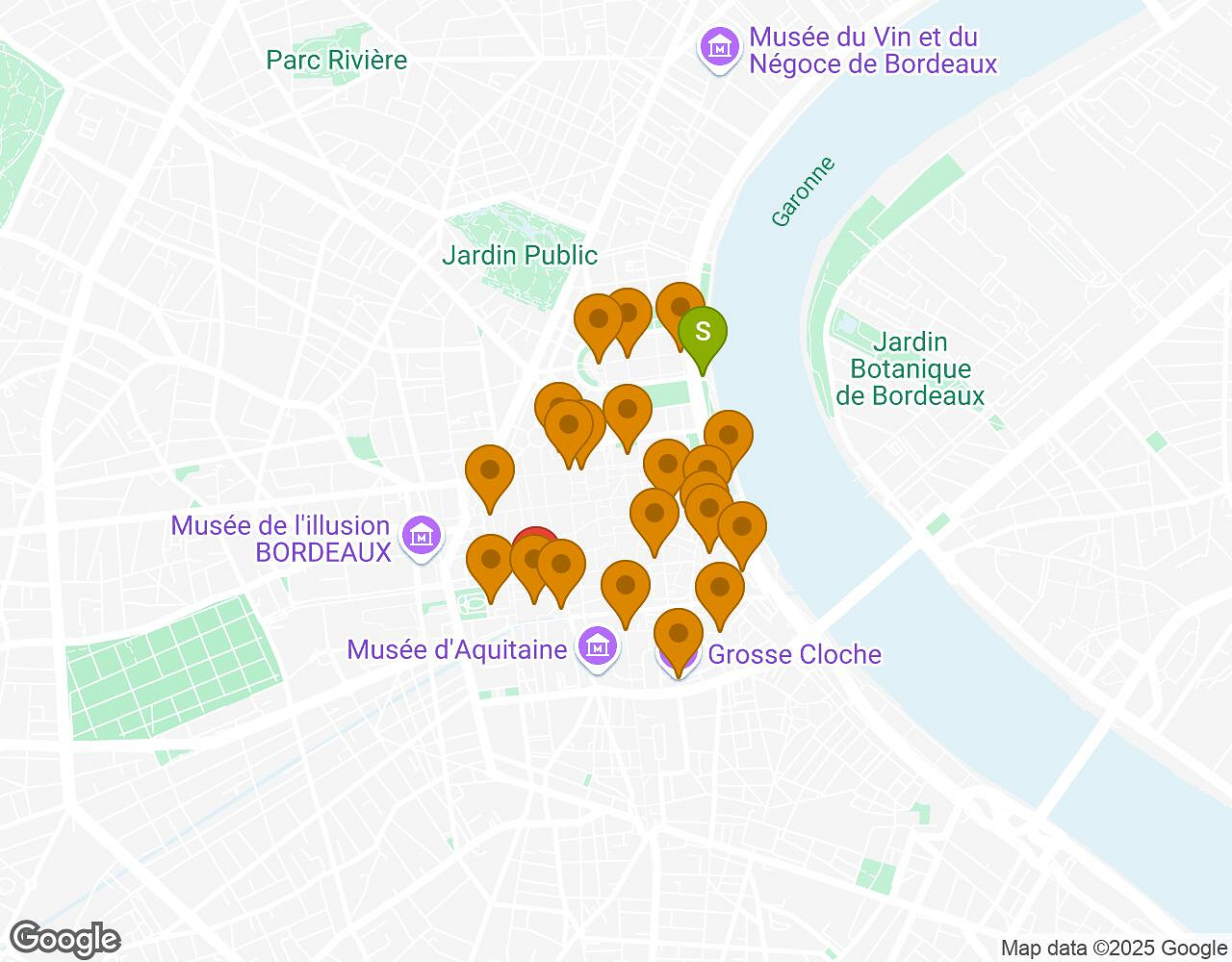 Interactieve kaart voor De Geheimen van Bordeaux met startpunt, eindpunt en bezienswaardigheden