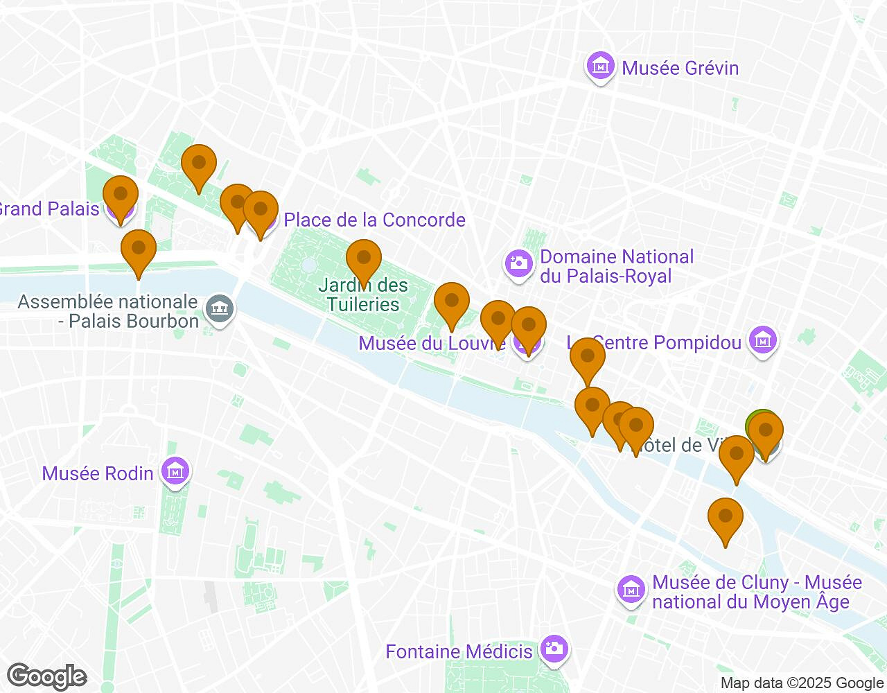 Interactieve kaart voor De Geheimen van Parijs met startpunt, eindpunt en bezienswaardigheden