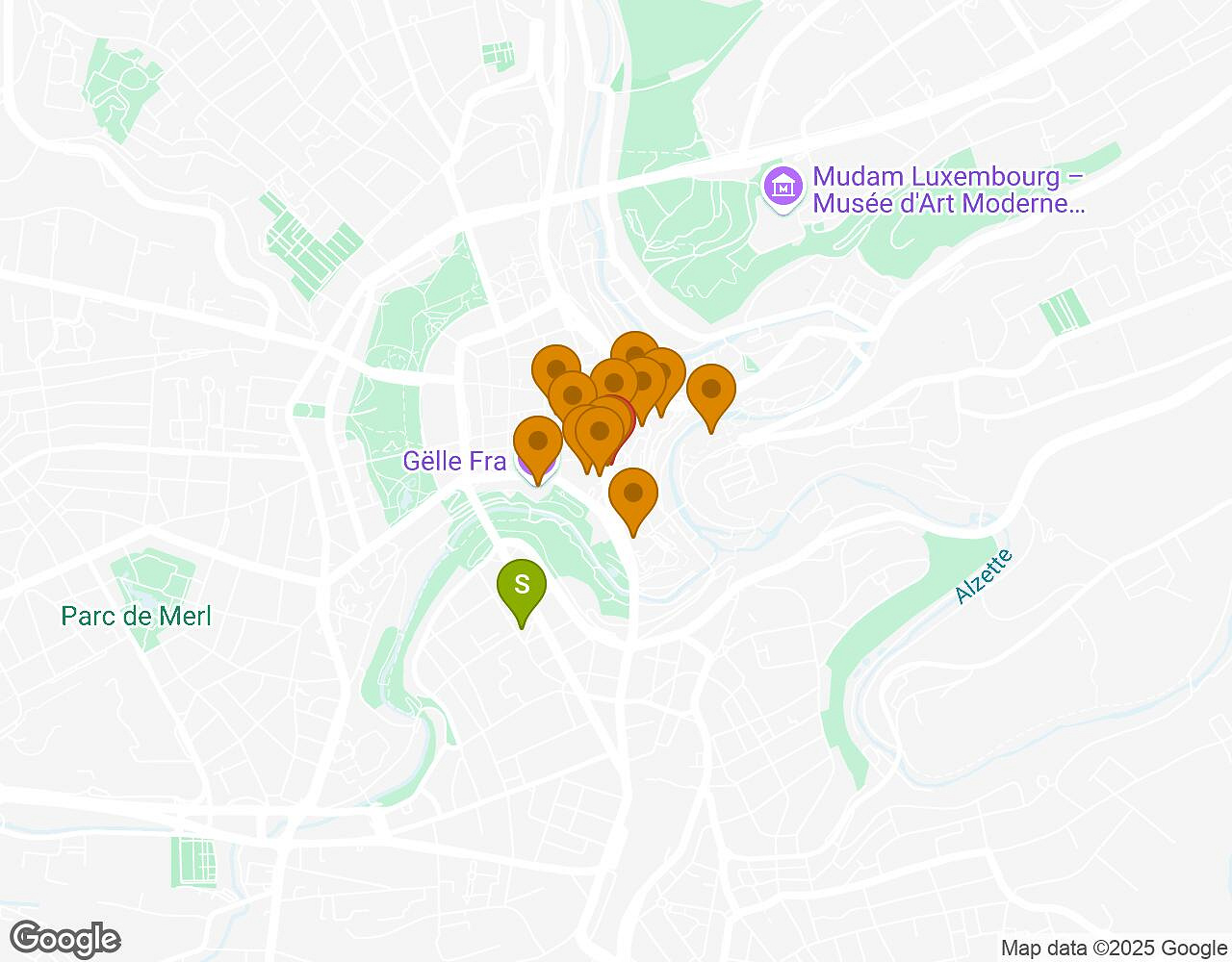 Interactieve kaart voor De Geheimen van Luxemburg met startpunt, eindpunt en bezienswaardigheden