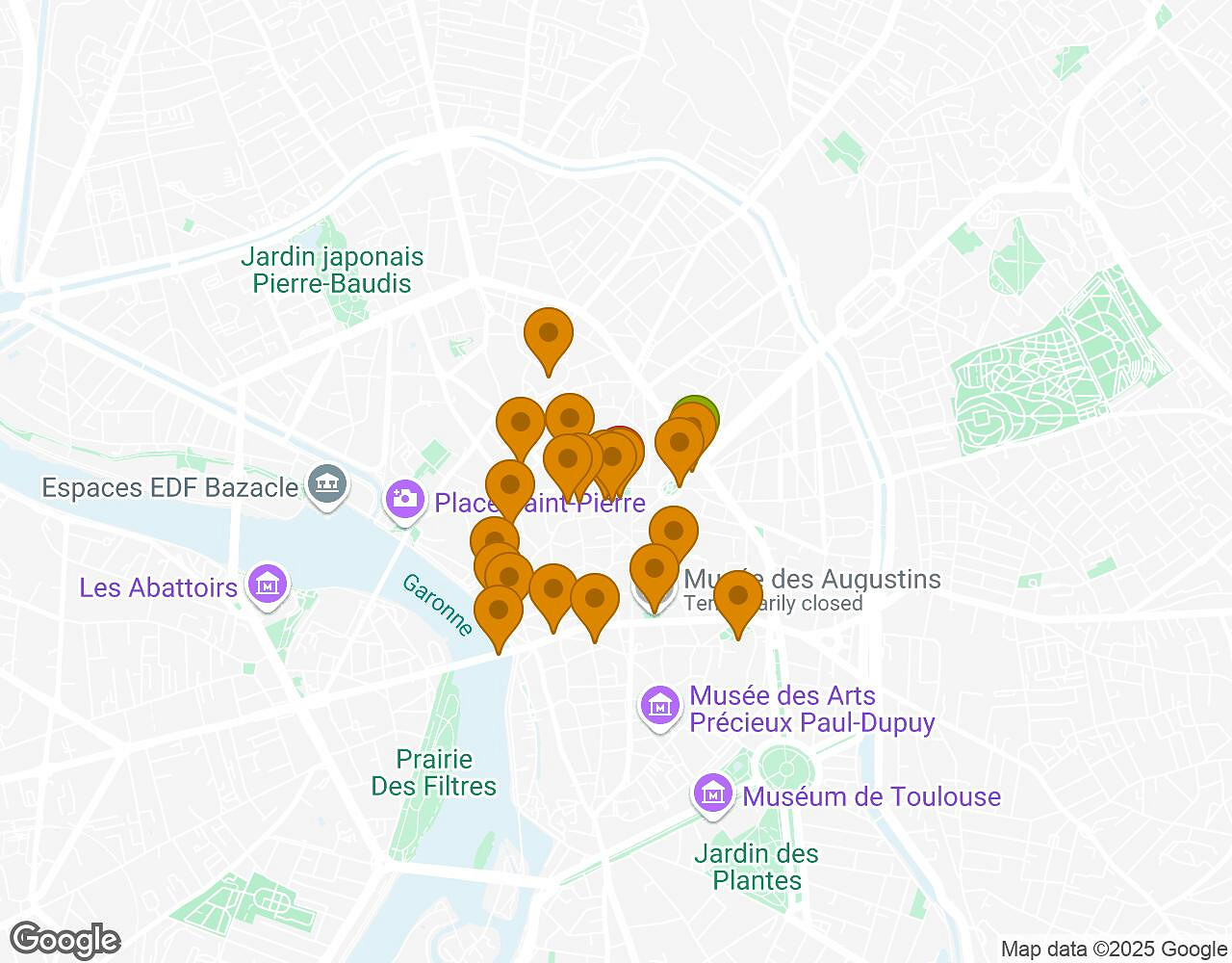 Interactieve kaart voor De Geheimen van Toulouse met startpunt, eindpunt en bezienswaardigheden