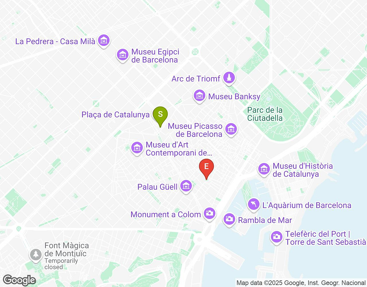 Carte interactive pour EVG/EVJF Challenge BARCELONE montrant le point de départ, d'arrivée et les points d'intérêt