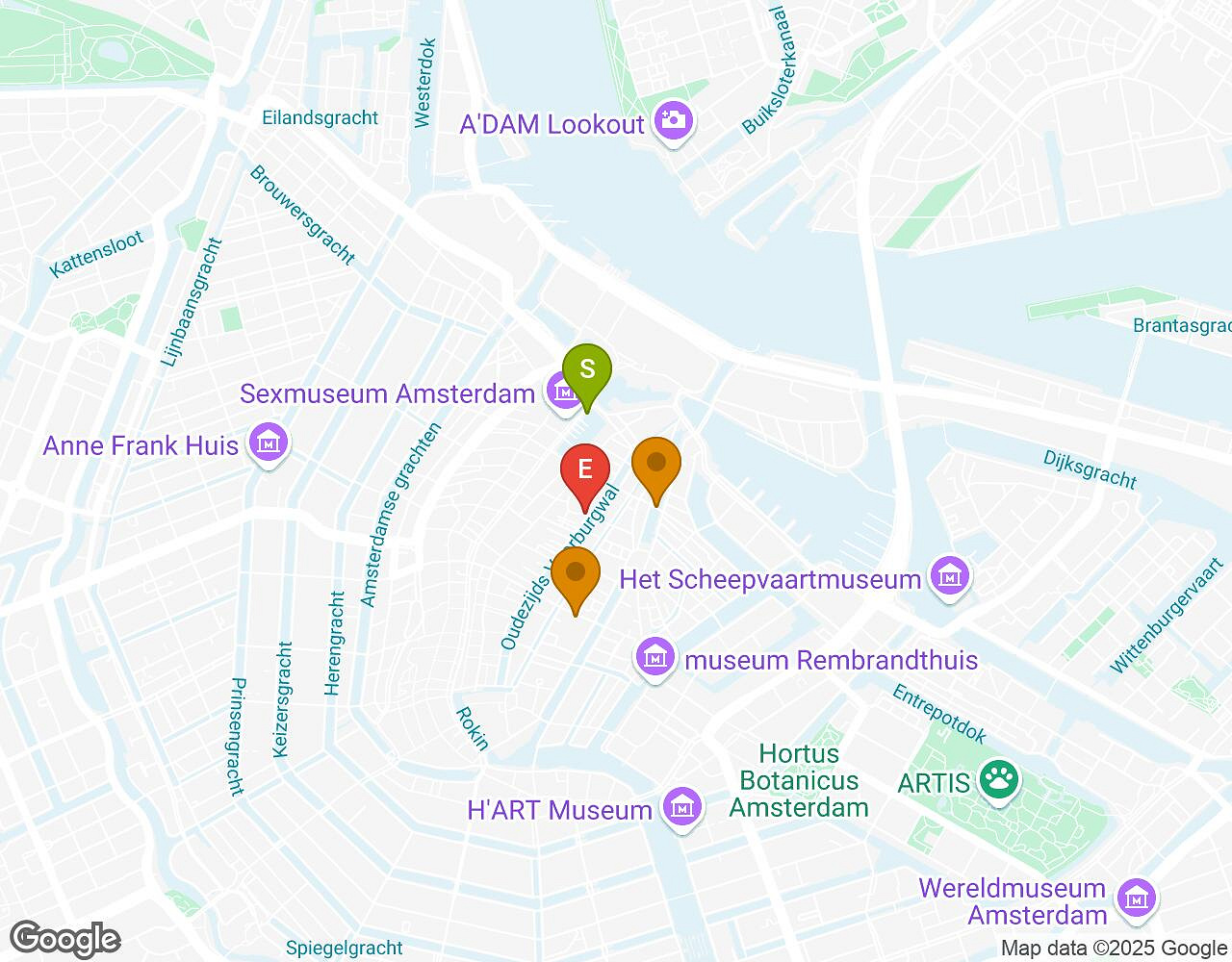 Interactieve kaart voor Maatjes, Miserie & Manie AMSTERDAM met startpunt, eindpunt en bezienswaardigheden