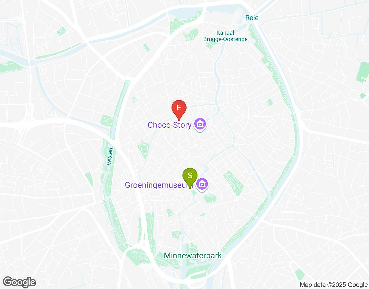 Interactieve kaart voor Maatjes, Miserie & Manie Brugge met startpunt, eindpunt en bezienswaardigheden