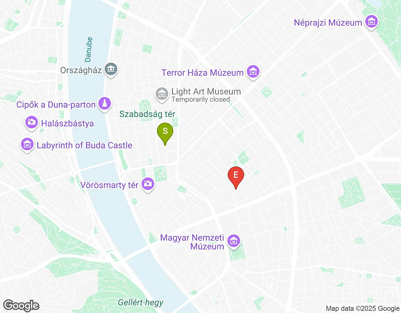 Interactive map for Mates, Mess and Madness BUDAPEST showing start point, end point and points of interest