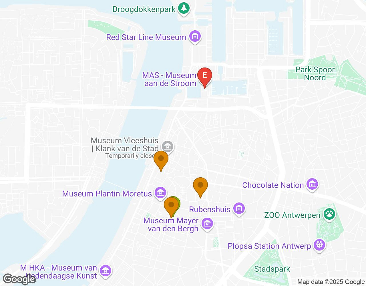 Interactieve kaart voor Maatjes, Miserie & Manie ANTWERPEN met startpunt, eindpunt en bezienswaardigheden