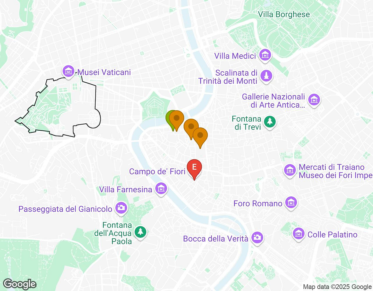 Interactieve kaart voor Maatjes, Miserie & Manie ROME met startpunt, eindpunt en bezienswaardigheden