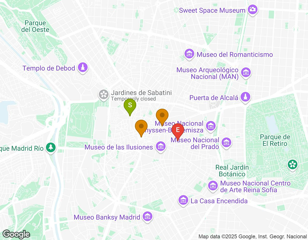 Interactive map for Mates, Mess and Madness MADRID showing start point, end point and points of interest