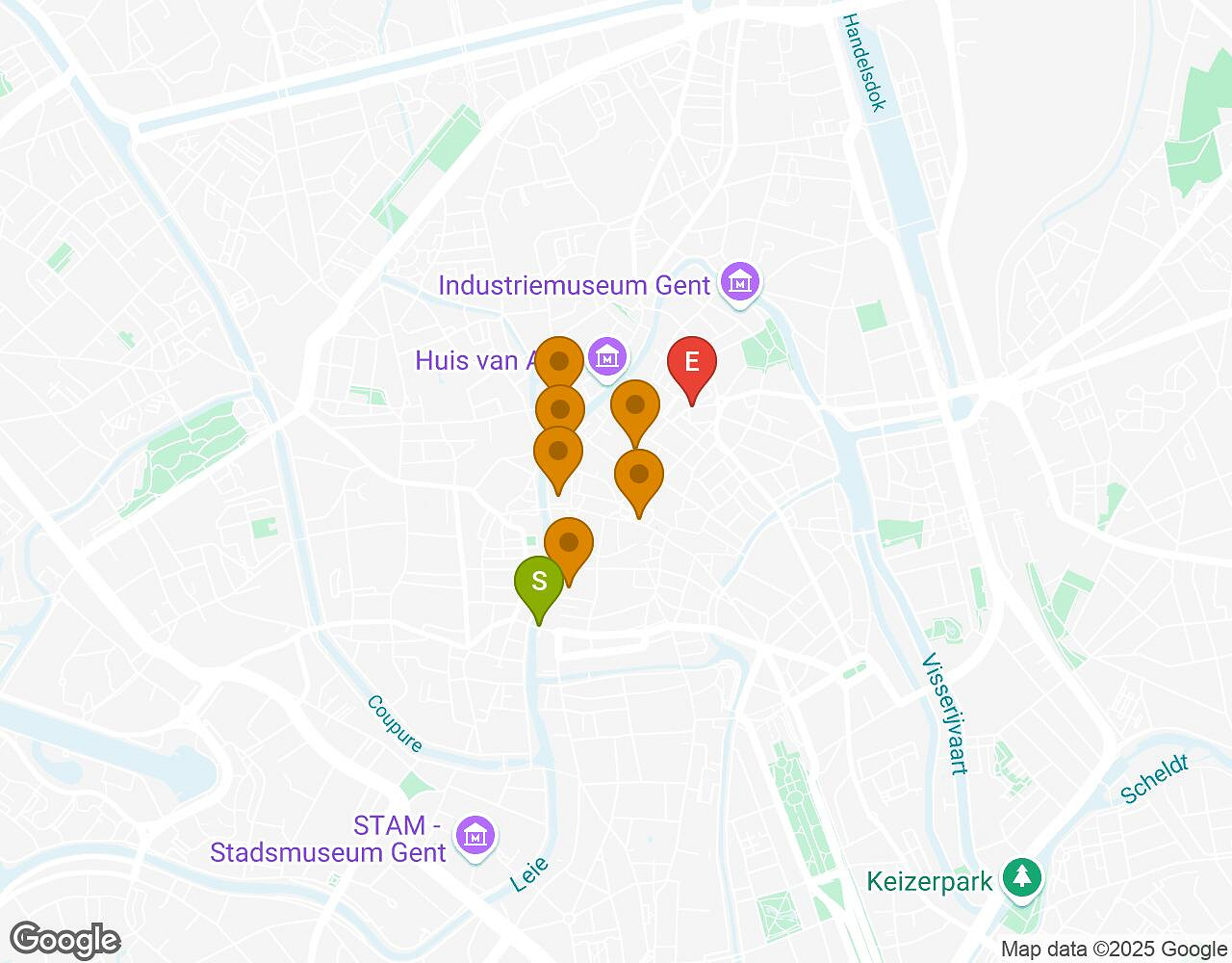 Interactieve kaart voor Maatjes, Miserie & Manie GENT met startpunt, eindpunt en bezienswaardigheden