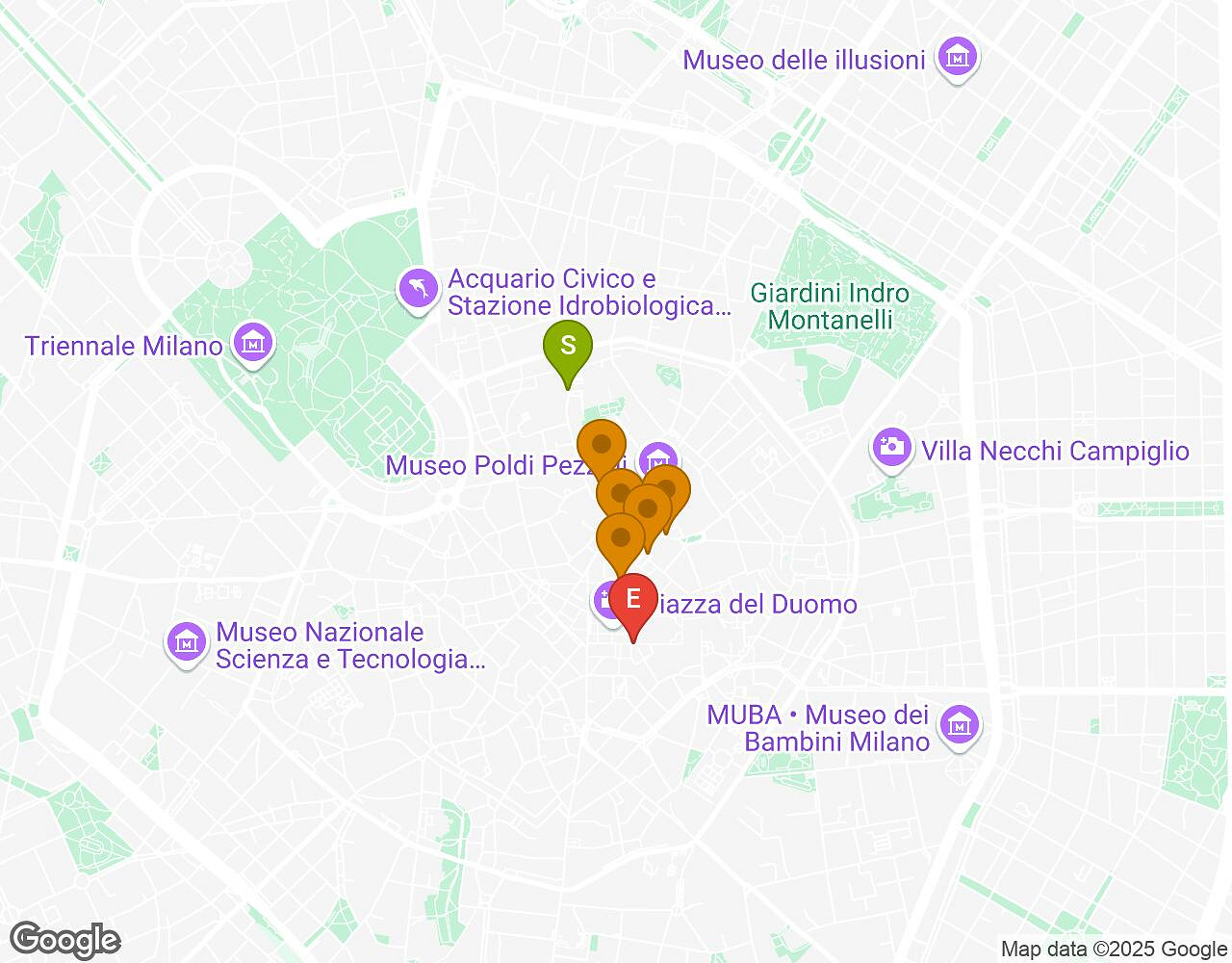 Interactive map for Mates, Mess and Madness MILAN showing start point, end point and points of interest