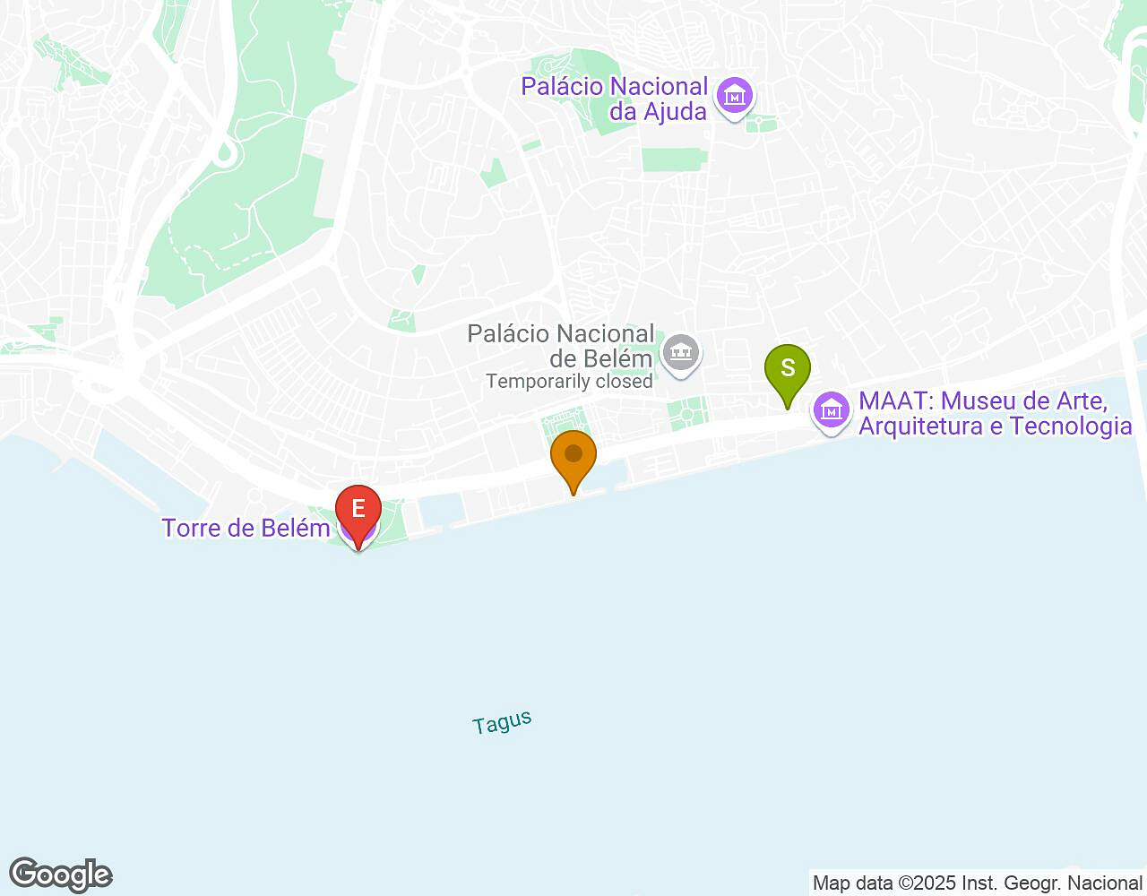 Carte interactive pour Les Secrets de Belem (Lisbonne) montrant le point de départ, d'arrivée et les points d'intérêt