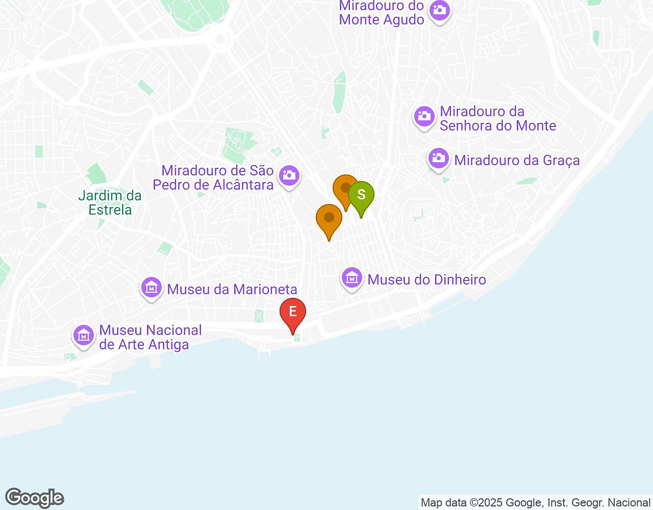 Interactieve kaart voor Maatjes, Miserie & Manie Lissabon met startpunt, eindpunt en bezienswaardigheden