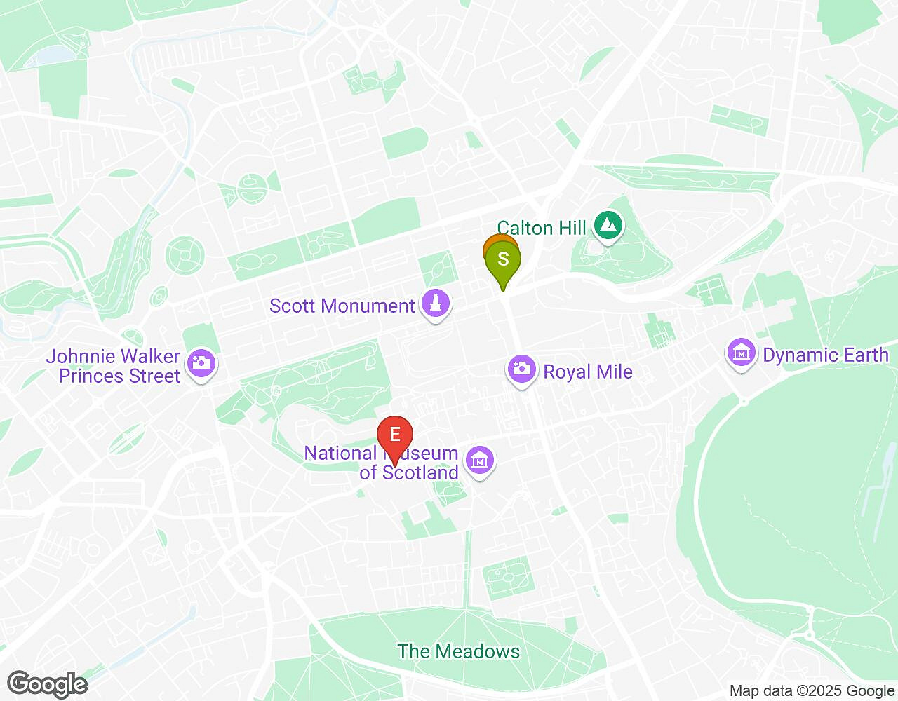 Interactieve kaart voor Red Nights EDINBURGH met startpunt, eindpunt en bezienswaardigheden