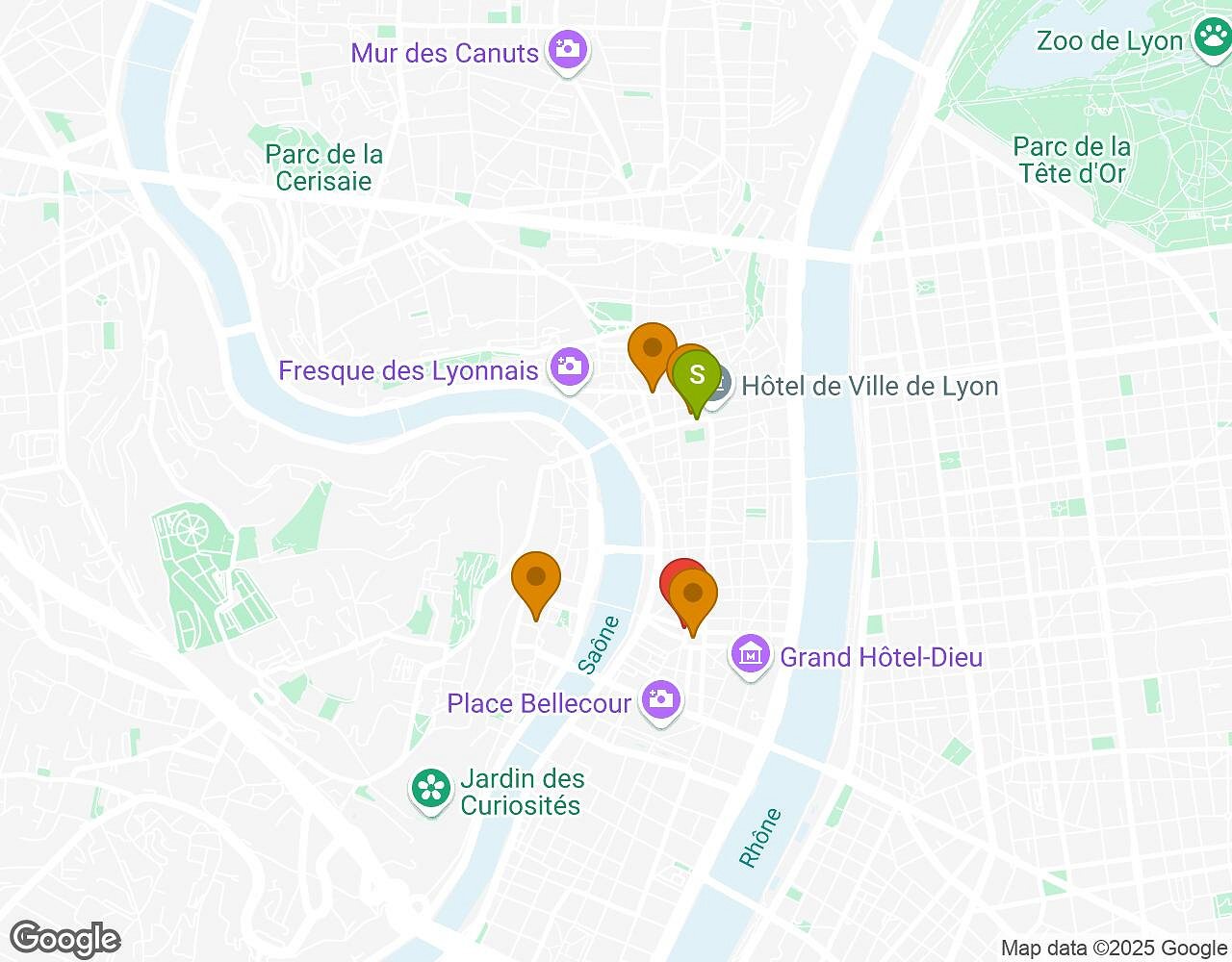 Interactieve kaart voor Red Nights LYON met startpunt, eindpunt en bezienswaardigheden