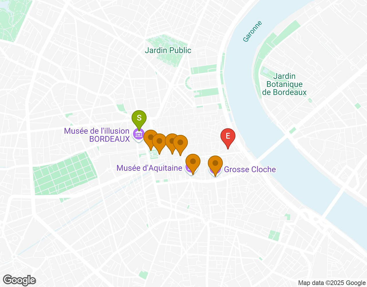 Interactieve kaart voor Red Nights BORDEAUX met startpunt, eindpunt en bezienswaardigheden